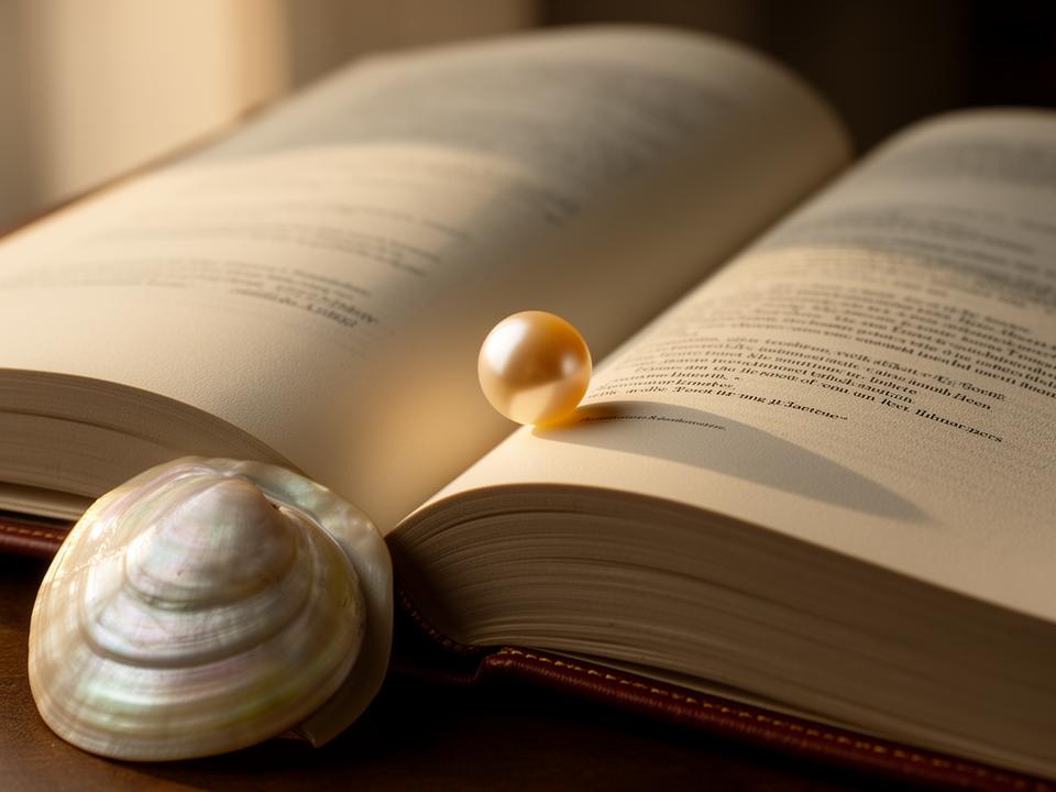 An open book resting beside a pearl and a mother-of-pearl shell